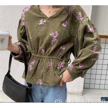 Top bordado con cuello en V casual de moda de otoño